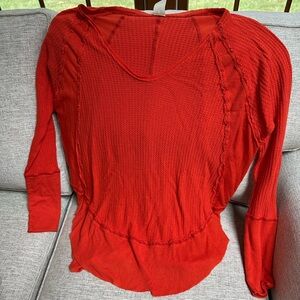 Free People Red Ribbed Asymmetrical Blouse